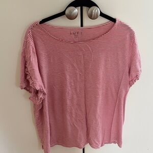 LOFT red  & White Striped Short Sleeve Ruffle Tee